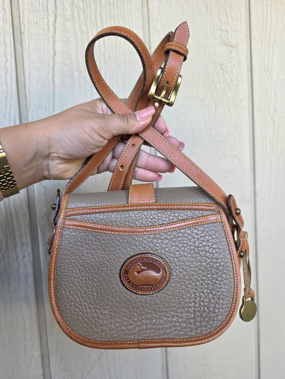 Dooney & Bourke Pebbled Leather Crossbody Bag in Taupe with Tan Trim